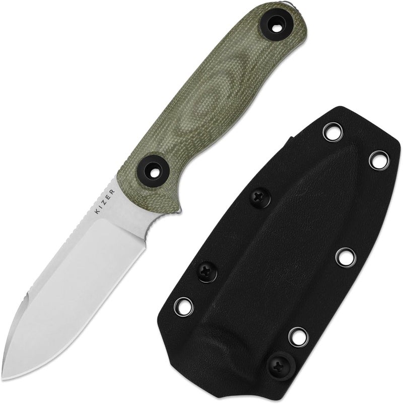 KIZER Drop Bear Fix 3 Fixed Blade Knife, 3.8" 14C28N Blade EDC Camping Knife with Green Micarta Handle, Small Hunting Knives with Sheath, Outdoor Survival Knives with Pocket Clip and Lanyard, 1101A2 - Image 1